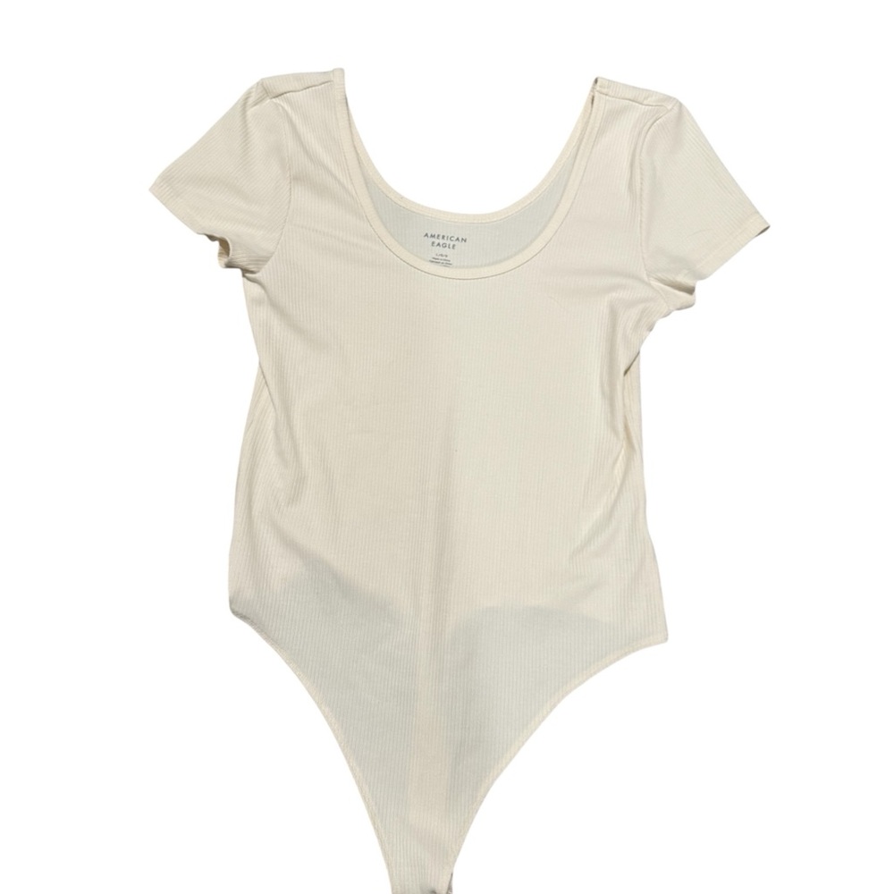 American Eagle Cream Ribbed Scoop Short Sleeve Bodysuit | Minimalist | L